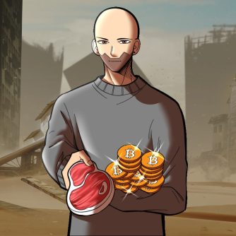 hombre con carne y bitcoin