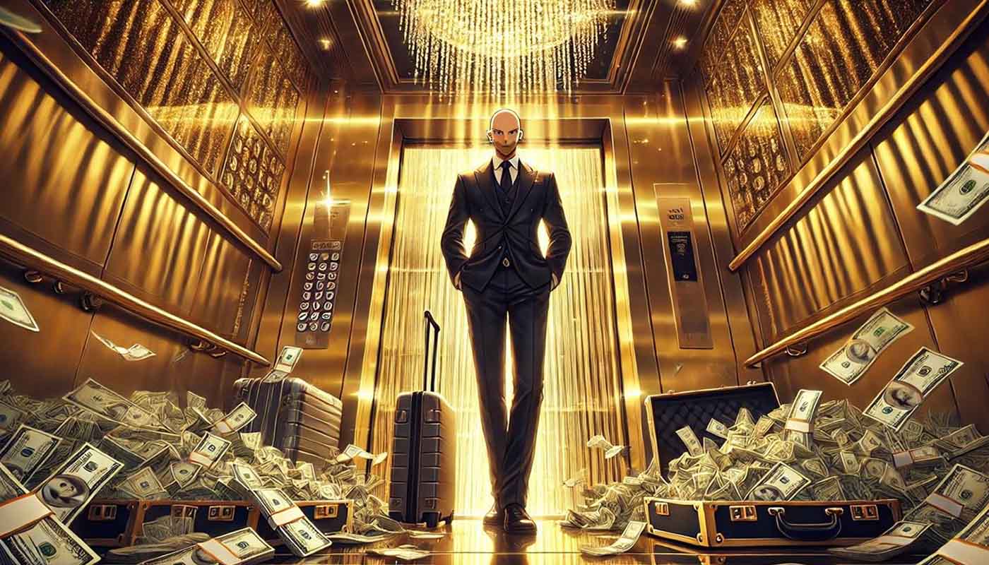 hombre con dinero en ascensor