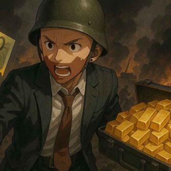 persona en guerra con oro y dinero