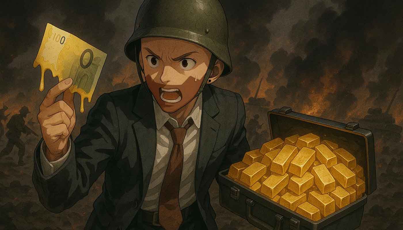 persona en guerra con oro y dinero