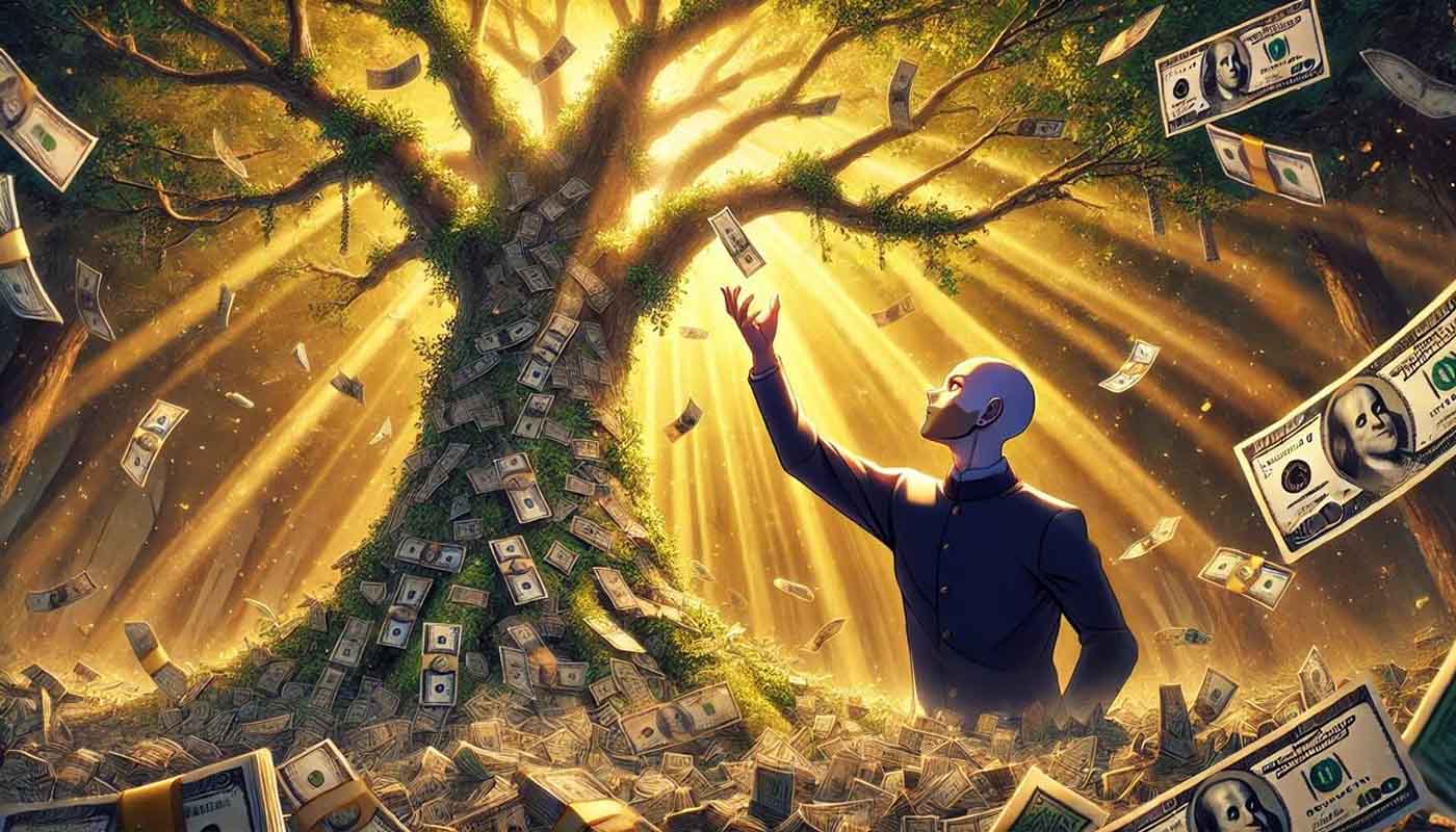 persona recoge dinero de un arbol